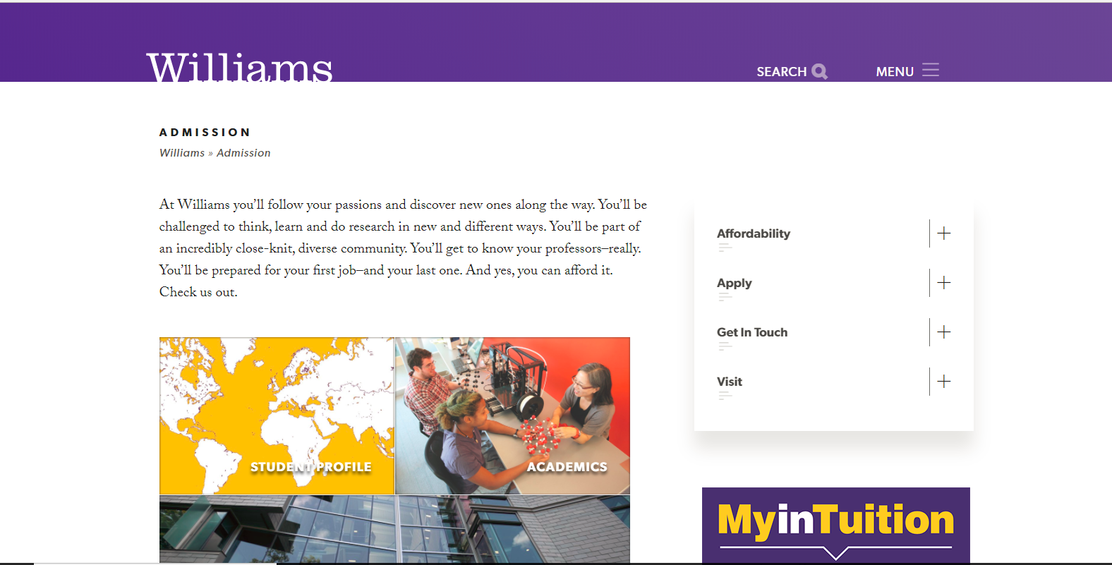 Williams Admissions Home Page